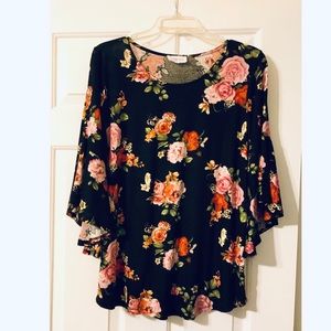 Emelia Black Floral Print Bell Sleeve Top, Size L